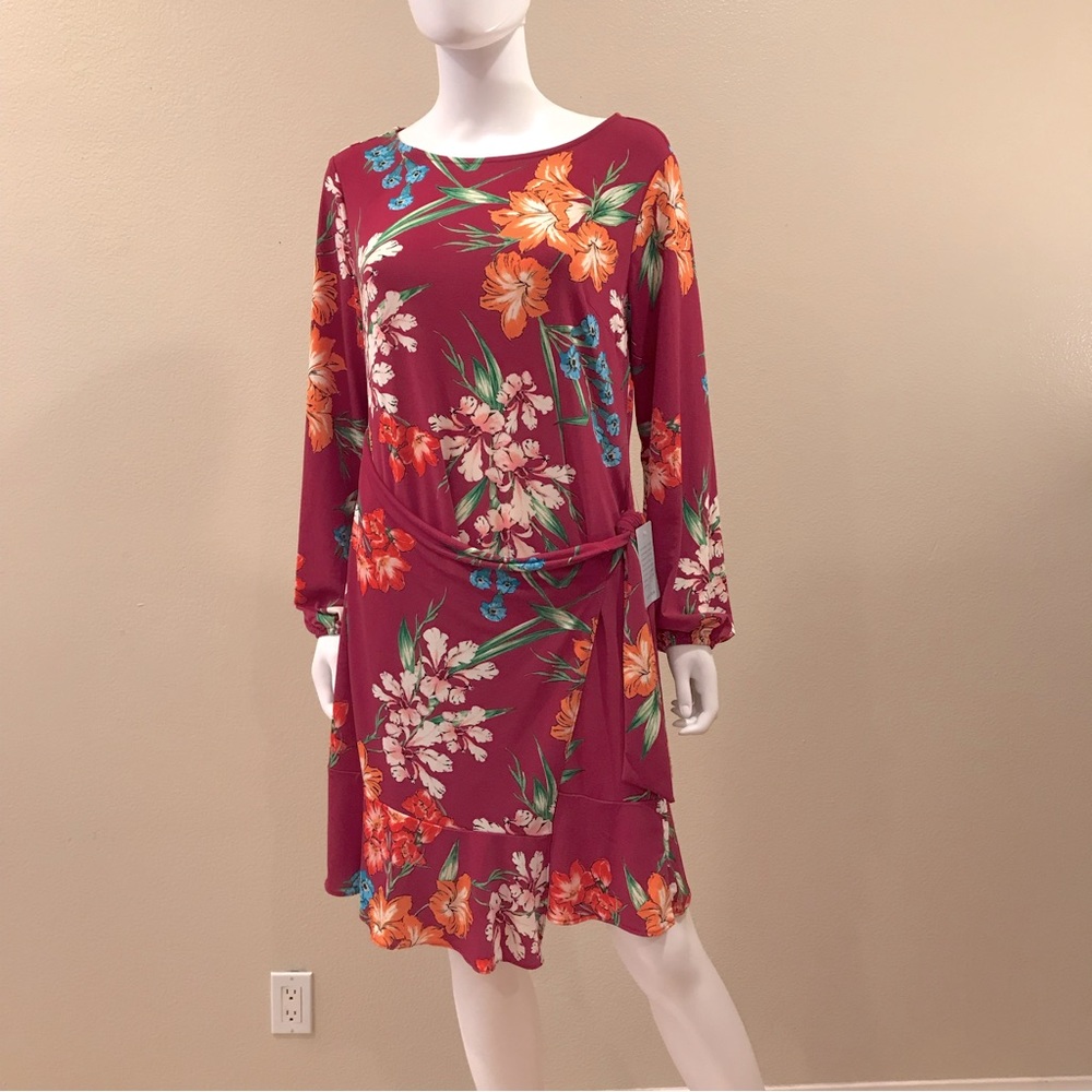 ECI New York Floral Dress NEW Size Large Wine Pink Super Stretch Nordstrom Chic